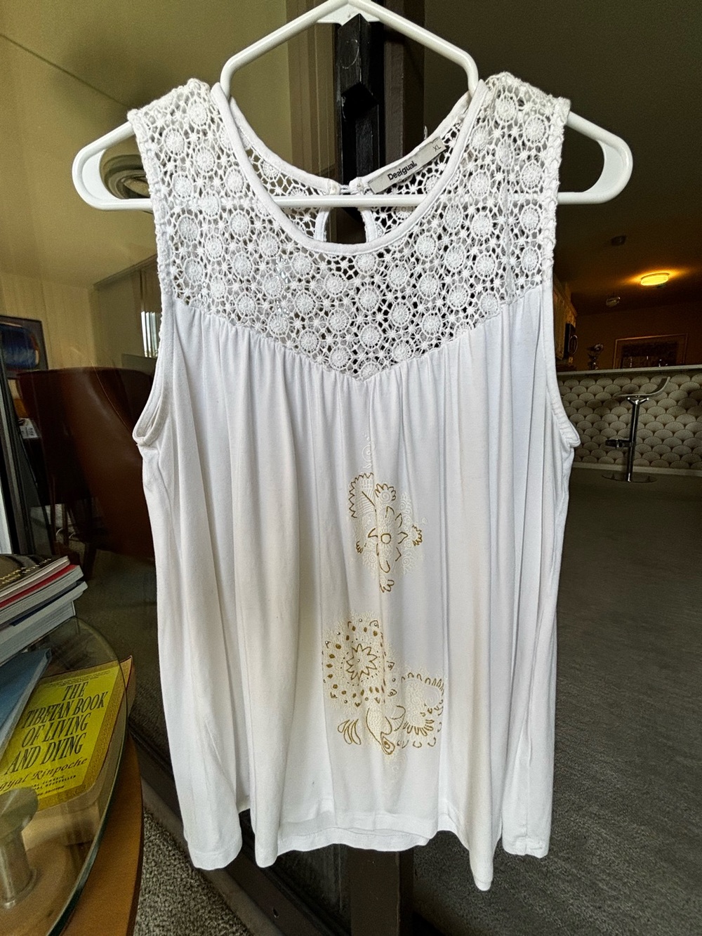 Desigual White Sleeveless Crochet Yoke Tank Top